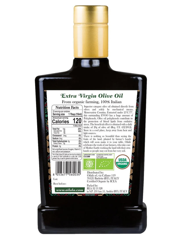 Extra Virgin Olive Oil 100% Italian Coratina Organic - Intense and Fruity- 500 ml
