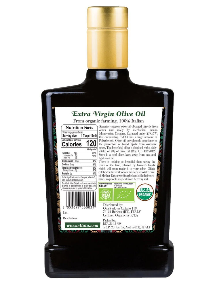 Extra Virgin Olive Oil 100% Italian Coratina Organic - Intense and Fruity- 500 ml