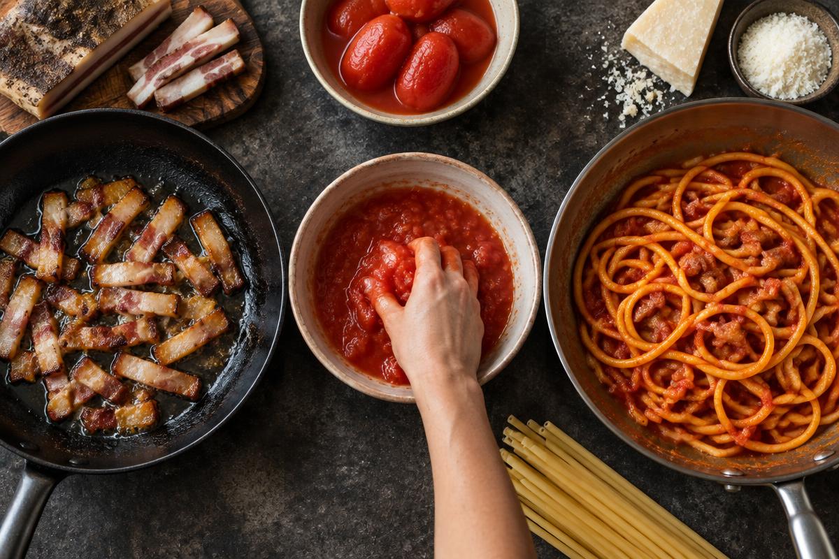Guanciale rendering, tomatoes being crushed and bucatini tossed in Amatriciana sauce